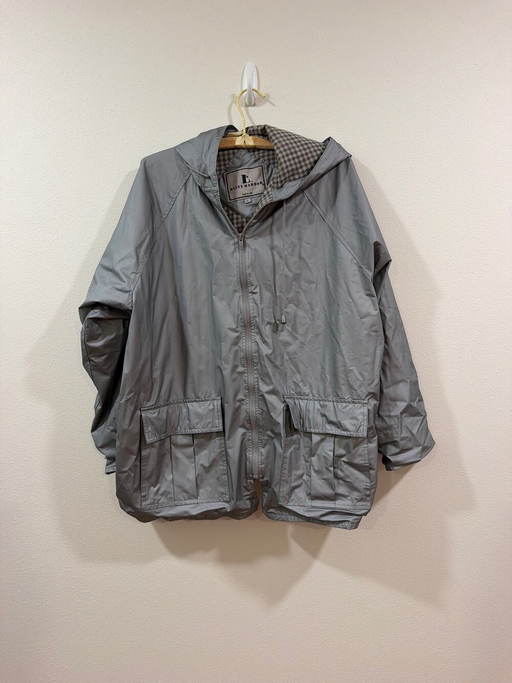 Vintage Misty Harbor Women L silver Raincoat Plaid Lined Hooded Slicker Jacket